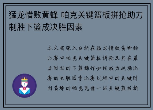 猛龙惜败黄蜂 帕克关键篮板拼抢助力制胜下篮成决胜因素